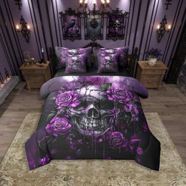 Imagem de Erosebridal Conjunto de edredom solteiro de caveira de açúcar para decoração de quarto de crianças e adultos, conjunto de cama floral com ossos de esqueleto e flores de rosas roxas