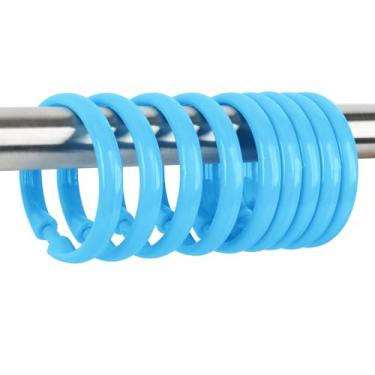 Imagem de Qulable Ganchos de cortina de chuveiro azul claro - 12 peças de anéis circulares de cortina de chuveiro de plástico para banheiro - Anéis de ganchos de chuveiro azul celeste em forma de O para varão