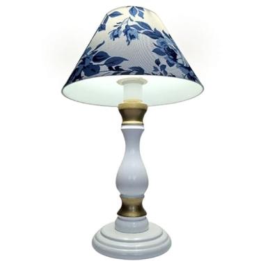 Imagem de Abajur de Mesa com Base de Madeira | Iluminação Suave para Cabeceira de Cama e Criado-Mudo – Decoração Moderna para Quarto e Escritório (Branco c dourado C f Azul)