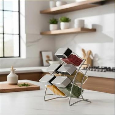 Imagem de Kit Porta Temperos e Condimentos Square com Suporte em Aço Inox – 6 Peças de Vidro, Organizador de Cozinha, Design Moderno, Fácil de Reabastecer – VDR1273