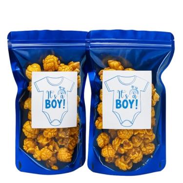 Imagem de 50 sacos de pipoca resseláveis para chá de bebê com 50 sacos de pipoca grátis Obrigado por aparecer, 50 adesivos prontos para estourar para lembrancinhas de festa, lanches (azul marinho)