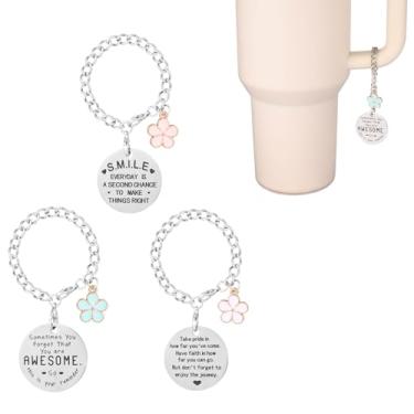 Imagem de 3 peças de pingentes de flores para corrente de copo com etiquetas inspiradoras rosa branco azul - pingentes de alça de copo Stanley