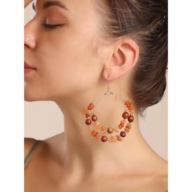 Imagem de Brincos de argola dupla de cascalho natural estilo resort Boho (SE-119-marrom), no size, Liga de aço, Sem pedra preciosa