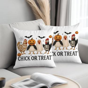 Imagem de Capas de almofada engraçadas de galinha de Halloween 45,7 x 45,7 cm, capa de almofada dupla lateral, fronhas de pintinho ou petisco para sofá, sala de estar, quarto, decoração de Halloween