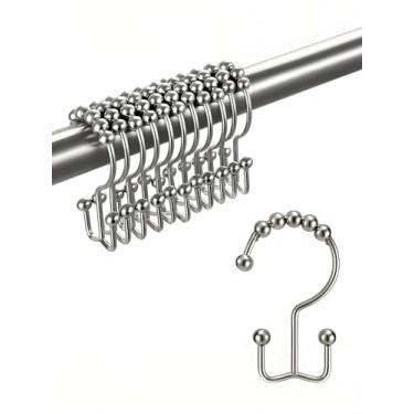 Imagem de 12 peças de anéis prateados de cortina de chuveiro, ganchos de chuveiro de metal resistente à ferrugem para cortinas de varões de chuveiro de banheiro, conjunto de 12 ganchos, prata