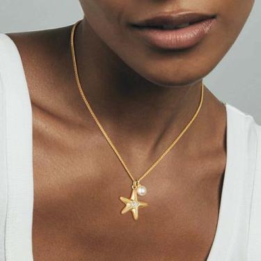 Imagem de Colar feminino com pingente de estrela do mar de ouro delicado banhado a ouro 14 K, simples, minimalista, delicado, feito à mão, joia moderna, Medium, Latão, Sem Pedra Preciosa
