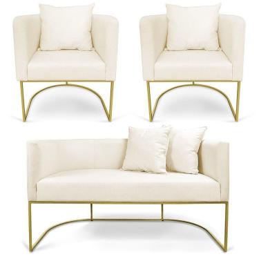 Imagem de Kit 01 Namoradeira 02 Lugares E 02 Poltronas Paola Linho Grosso Bege A19 Base Metálica Dourado