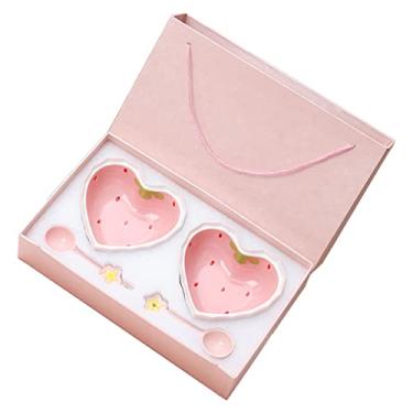 Imagem de GLOGLOW Panelas de Pão Tigelas de Coração de Morango, Tigela de Sobremesa de Cerâmica de Salada para Festa de Aniversário de Casamento Nan (2 tigela 2 colher)