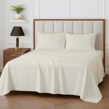 Imagem de Lençóis California King Size - Algodão egípcio 600 fios - Lençol com elástico profundo de 38 cm - Lençóis refrescantes - Jogo de lençol premium de 4 peças para cama king California - Listras marfim