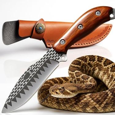 Imagem de Faca Tática Cascavel Lâmina Forjada Aço Inox Cabo Madeira Ébano Com Bainha Couro Textura Escamada Alta Dureza 58 a 62 Hrc Multiuso Camping Churrasco Pesca