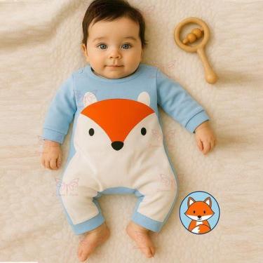 Imagem de Macacão de Bebê Vira Pé Raposinha Menino Manga Longa Tam RN a 03 Meses