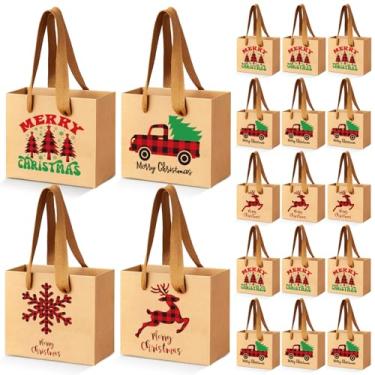Imagem de Tenceur 24 peças de sacos de presente de Natal Kraft com alça pequenos sacos de presente de Natal com flocos de neve, árvore de Natal, xadrez, rena, padrões de carro para lembrancinhas de festa de