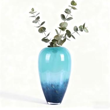Imagem de Vasos de vidro azul-petróleo para flores, vaso de vidro soprado à mão, decoração de casa azul-petróleo, vaso de flores verdes de boca larga, para estante de livros, mesa de jantar, mesa de escritório