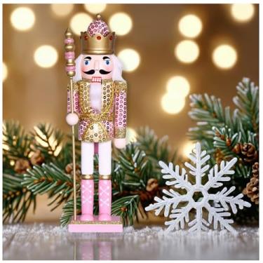 Imagem de LULU Deer Enfeite de quebra-nozes de Natal, quebra-nozes King Soldier de 30 cm, adequado para mesa, decoração de lareira, suprimentos de festa de Natal (faísca rosa brilhante King)