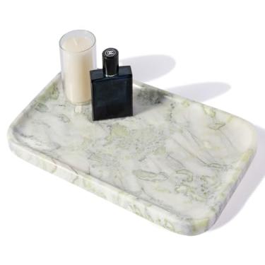 Imagem de Karibiber Bandeja de mármore de mármore, bandeja de banheiro grande de pedra para bancada, bandeja decorativa de mármore africano para cômoda, bandejas de servir verdes e brancas para balcão de