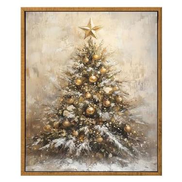 Imagem de Árvore de Natal dourada vintage, arte de Natal rústica, 20 x 25, emoldurada em tela, feita nos EUA