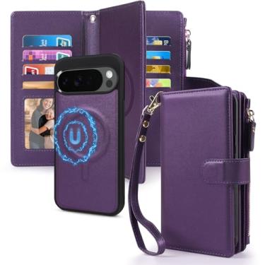 Imagem de 2 em 1 para Google Pixel 9/9 Pro/10/10 Pro 16.0 cm Capa carteira magnética compatível com Magsafe Suporte de cartão com bloqueio de RFID destacável capa de telefone bolsa com zíper alça feminina roxa