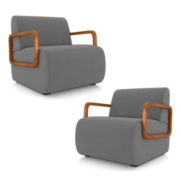 Imagem de Kit 2 Poltronas Decorativa Sala De Estar Odessa Braços Em Madeira Veludo Cinza G33
