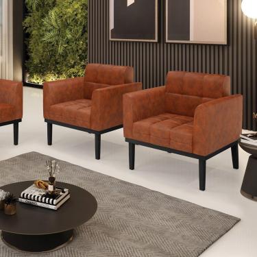 Imagem de Kit 2 Poltronas Decorativas Pés Fixo Em Madeira Preto Pu Nozes