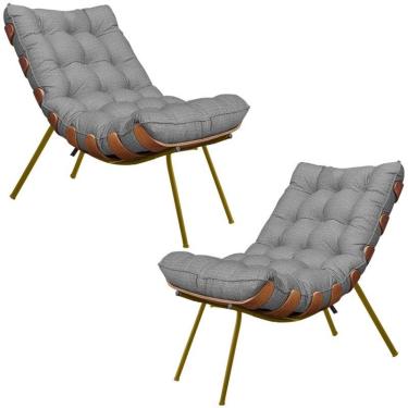 Imagem de 2 Poltronas Abel Base de Madeira Dourada Linho Cinza