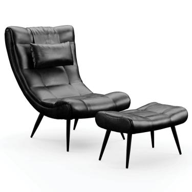 Imagem de Kit Poltrona E Puff Para Sala De Estar Com Almofada E Pés Palito Lord Sintético Preto - Ibiza