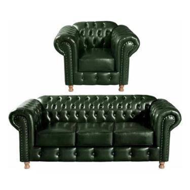 Imagem de Conjunto Sofá 3 Lugares E Poltrona Chesterfield Luís Xv Vintage Retrô Capitonê Couro Verde