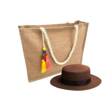 Imagem de Kit Chapéu Paris E Bolsa Palha Juta Zíper Praia Verão Moda Piscina marrom