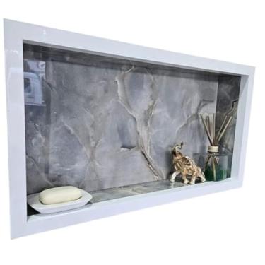 Imagem de NNicho De Porcelanato Para Banheiro 60x30 Cm De Embutir Na Parede Porta Shampoo(Azul acinzentado: Borda Branca)