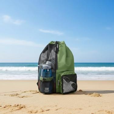 Imagem de Mochila de malha para natação com cordão e bolsos molhados, mochilas de armazenamento de praia, Verde oliva, Large, Mochila com cordão