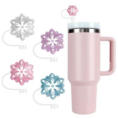 Imagem de Stanley Tampa de palha, 4 peças de topo de glitter para copo Stanley, acessórios reutilizáveis compatíveis com canudo de 10 mm, presentes engraçados de Natal para mulheres e meninas (flor de neve)