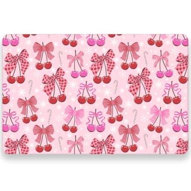 Imagem de RUSPEPA Pacote com 50 tapetes de papel de Natal, laço de cereja vermelho rosa e design de floco de neve, jogo americano descartável de férias rosa para mesa de jantar de Natal, festa festiva, reuniões