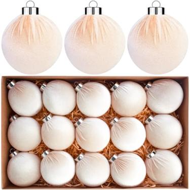 Imagem de Wiyodaho 15 bolas de veludo de Natal para árvore de Natal de 7,5 cm, enfeites de veludo, enfeites decorativos de Natal para decoração de árvore de Natal (bege)