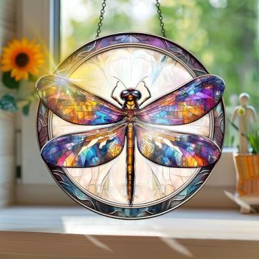 Imagem de Acrílico colorido Suncatcher, apanhador de sol estilo vitral impresso libélula com reflexos de arco-íris, decoração de janela suspensa, decoração de parede, ornamentos de Natal para uso interno e