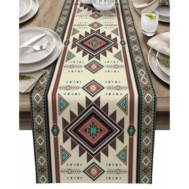 Imagem de Caminho de mesa de arte étnica retrô abstrato, corredores de mesa de linho de algodão 177 cm de comprimento, cómoda de padrão tribal geométrico, cachecol para cozinha, café, jantar, sofá/mesas de