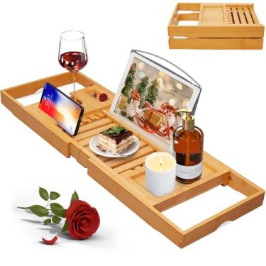 Imagem de Artmalle Bandeja de banheira de luxo para banheira - Bandeja de mesa de banho dobrável de bambu com suporte de livro e copo de vinho, acessórios de banheiro expansíveis para spa ou estilo leve de