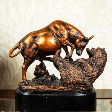 Imagem de Dwysswyd Escultura de bronze de Wall Street de touro e urso, estátua de mesa do mercado de ações, resina de acabamento de cobre, 26 x 12 x 23 cm, decoração de escritório de comércio financeiro