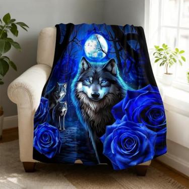 Imagem de Cobertor de lã de lobo floral azul 127 x 152 cm para sofá cama, cobertor de flanela de microfibra super macio e aconchegante leve para mulheres, homens e crianças
