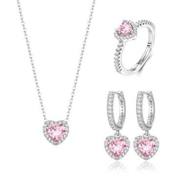Imagem de EleQueen Colar com pingente de coração de amor, conjunto de anéis para mulheres, joias de zircônia cúbica de coração delicado presente para aniversário/dia dos namorados/dia das mães/Natal, Zircônia