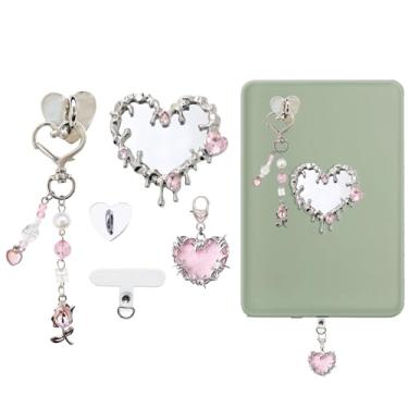 Imagem de CuddleJunk Conjunto de pingentes fofos para Kindle, incluindo pingente de coração rosa com aba de amarração, suporte de coração estilo Y2k, chaveiros de corrente com gancho para acessórios de telefone