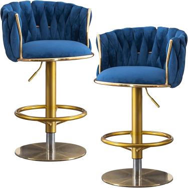 Imagem de Bancos De Bar Ajustáveis 2 Pcs, Cadeiras Altas De Veludo Giratórias, Banquetas De Bar De Cozinha De Jantar, Chassi Espelhado Com Apoio Para Os Pés, Blue