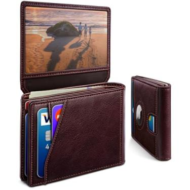 Imagem de miyozi Carteira masculina AirTag, com bolso para dinheiro, 2 janelas para identidade, 13 cartões, carteira de couro fina com bolso frontal, porta-cartões, bloqueio RFID e caixa de presente, Borgonha