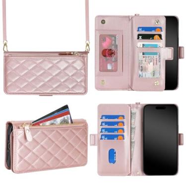 Imagem de Jaorty Capa carteira para iPhone 16 com alça transversal, cordão de colar de ombro, capa flip de couro PU, losango para mulheres e homens, bolso com zíper, suporte, porta-cartão, ouro rosa de 6,3