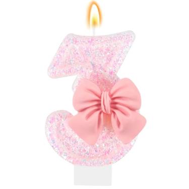 Imagem de IDIJOLI Vela de aniversário rosa com laço número 3, topo de bolo, decoração de cupcake, decorações de festa de 3º aniversário, comemorações, suprimentos, lembrancinhas