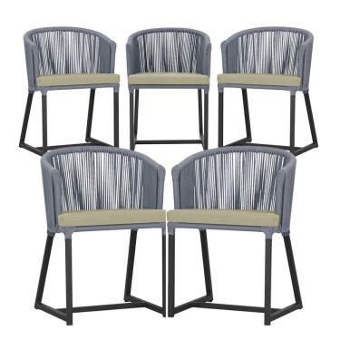 Imagem de 5 Cadeiras De Jantar Noronha Preta Corda Náutica E7 Trama Prata