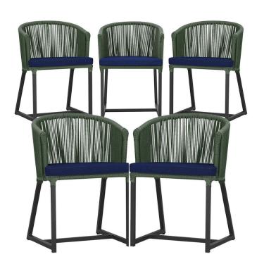 Imagem de 5 Cadeiras De Jantar Noronha Preta Corda Náutica E10 Trama Verde