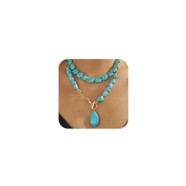 Imagem de DZSYJKTM Gargantilha vintage turquesa em camadas de ouro moderna com contas quadradas grandes em forma de gota turquesa, pingente de corrente para mulheres, boêmio, joia ocidental, presente, One Size