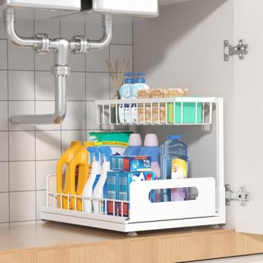 Imagem de Organizador sob a pia, organizador de armário removível 2 camadas prateleiras de armazenamento de prateleira de pia deslizante, organizadores de cozinha e banheiro, metal (branco, 1 pacote - 36,5 x