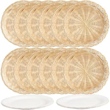 Imagem de Medanera 12 peças de suportes de prato de papel de bambu com 20 pratos de papel de 20 polegadas, suportes de placa de vime, pratos de jantar resistentes, tapetes de mesa reutilizáveis para piquenique