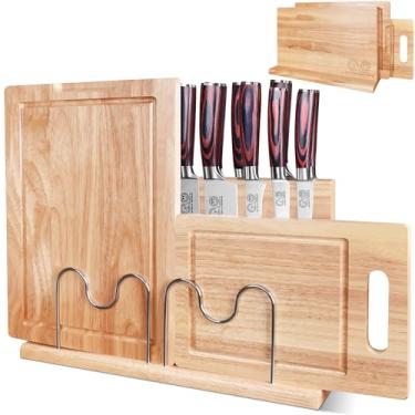 Imagem de XYJ Autêntico desde 1986, bloco magnético de facas com tábuas de corte, madeira natural, organizador de facas de bancada, facas que economizam espaço e conjunto de placa de preparação, solução de