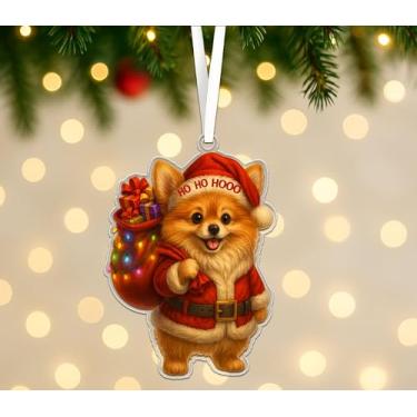 Imagem de Enfeite de acrílico de Natal para cães da Pomerânia - Papai Noel fofo com bolsa de presente e luzes - Decoração de árvore de Natal Ho Ho Hooo - Enfeite de presente para amantes de cães de Natal